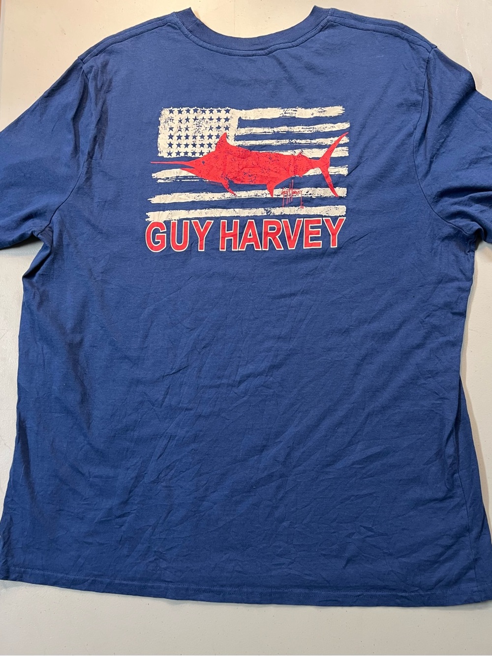 Guy Harvey Blue Graphic T-Shirt XXL Marlin Flag Fishing Pocket Tee